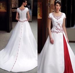 Vintage White And Red Stain Wedding Dresses 2022 Two Tone Lace Embroidery Buttons Cap Sleeve Bride Gown Vestidos De Novia7923196