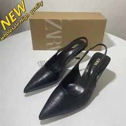 Cheap Store 90% Off Wholesale Hollow Za2024 New Womens Wrapped Shoes Pointed Black Leather Back Stripe Muller High Heel Sandals Triangle Heels High quality