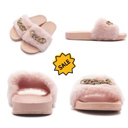 Positive Comfort In stock autumn and winter chain flash diamond fluffy slippers indoor and outdoor fluffy flat warm flip-flops