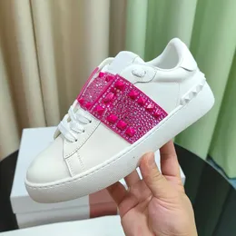 Trend New Spring Versatile Lace-up Small White Shoes Crystal Decor Metal Rivet Design Round Head Women's Loafers Real Leather Material Thick Bottom Lovers Shoes