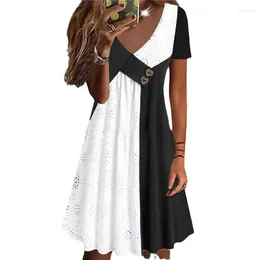 Casual Dresses Women's Dress Spring 2024 Spliced Cross Collar Decorative Buckle Short Sleeve Black And White Contrasting