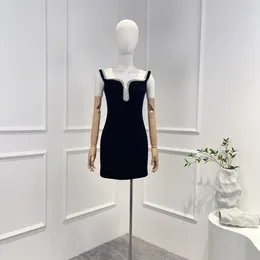 Casual Dresses 2024 Latest Women Fashion Solid Black Diamonds Intellectual Folds Sleeveless Mini Dress For Party