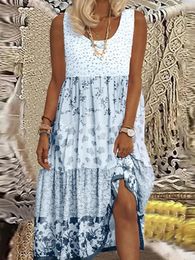Plus Size Casual Women Summer Midi Dress 5XL Large Size Floral Print Sleeveless Crewneck A Line Boho Beach Dresses 240313
