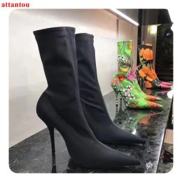 Boots Red Black Purple Pink woman' short boots elastic female booties autumn fashion sexy pointed toe dress shoes thin heel outfits