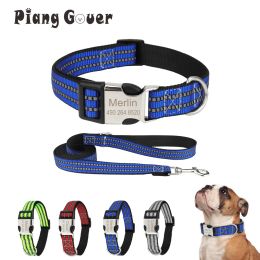Sets Engraved Pet Collar Leash Set Reflective Safety Personalised ID Name Telephone Custom Cat Dog Collar Leash
