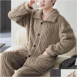 Mens Sleepwear Men Winter Pajamas Set Thickened Cozy Homewear P Lapel Pajama With Elastic Waist Water Wave For Drop Delivery Apparel U Ot7Eg