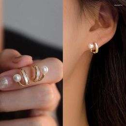 Stud Earrings Trendy Pearl For Women White Enamel Oil Golden Colour Metal Geometric Arc Statement Jewellery