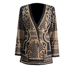 European and n style French court style heavy industry nail bead suit new style bubble bead v collar long sleeve print splice coat