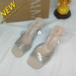 Cheap Store 90% Off Wholesale Za2024 Womens Shoes Transparent Pvc Explosion Sparkling Water Diamond Pearl High Heels Sandals Square Toe Open Ladies Style