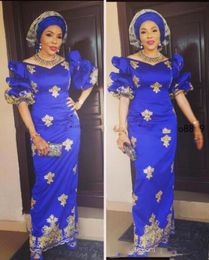 Royal Blue Nigeria Aso Ebi Sheath Prom dresses With Gold lace Appliques Evening Dress African Arabic half sleeves Party Gown Vesti6834092