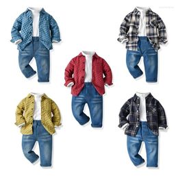 Clothing Sets Children's Plaid Long Sleeve Cotton Shirt Pure White Bottoming Jeans Three-Piece Autumn