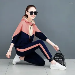 Women's Two Piece Pants Suit 2024 Autumn Winter Korean Tracksuit Slim Colour Splicing Long Sleeve Hooded Sweater Pencil 2 Set