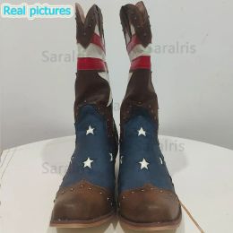 Boots 2022 New Fashion Autumn Winter Mid Calf Square Heels Boots Star Flag Great Quality Women Comfort Cool Cowgirl Western Boots