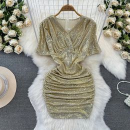 Party Dresses Euro-american Style Fashion Temperament Sexy Wrap Hip Dress Sequin Luxury Short Sleeve V-neck Slimming Waist Pleated