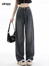 Women's Jeans High Waisted Women Autumn 2024 Drawstring Full Length Vintage Wide Leg Pants Button Pockets Loose Straight Trousers