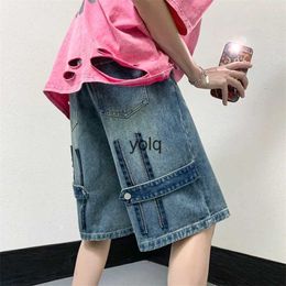 Men's Shorts Summer new mens patch work oversized denim shorts Strt style Harajuku hip-hop retro blue casual loose H240401