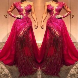 Dantel bir omuz uzun kollu balo gece elbise şeffaf tül payetler kristaller dantelli kırmızı halı elbise resmi önlük