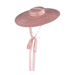 Wide Brim Hats Bucket Hats Summer natural straw hat womens wide Brim rowing hat beach sun hat elegant long ribbon lace sun hat 240322