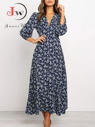 Women Summer Elegant Floral Print Maxi Dress Boho Three Quarter Sleeve V Neck Casual Office Long Dress Beach Robe Tunic 240313