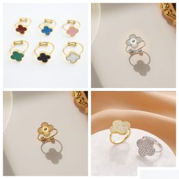 Band Rings Fashion Gold Plated Designer Jewelry 4/Four Leaf Clover Ring Opening Adjustable Classic Flower Wedding Party Gift Drop De Dhadf