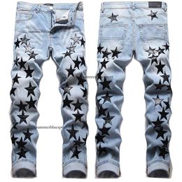 New Trendy Brand Five Pointed Jeans Men, Black Star Leather Patch with Holes, Elastic Slim Fitting Long Pants for Men