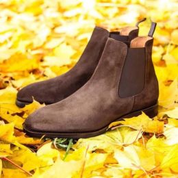 Boots New Coffee Men Chelsea Boots Cow Suede Square Toe Business SlipOn Solid Men Ankle Boots Bottes Pour Hommes