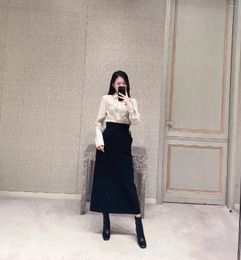 Skirts Basic Black For Women 2024 High Waist White A-Line Long Skirt Office Lady Fashion Belt Solid Wool Blend Bottoms