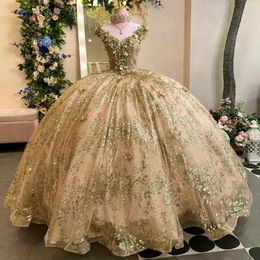 Sparkly Champagne Gold Ball Gown Quinceanera Dress 2024 Off The Shoulder Applique Bead Birthday Party Sweet Vestidos De 15 Anos