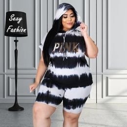 XL4XL Plus Size Matching Set Clothing Summer 2023 Fashion Tie Dye Hoodies Short Sleeve Two Piece Sets Female Outfits 240307