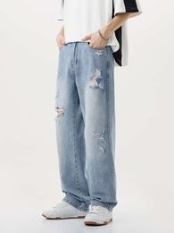 Light Blue Washed Ink Splashed Distressed Jeans for Men's 2024 Spring Trendy Loose and Handsome Straight Casual Pants