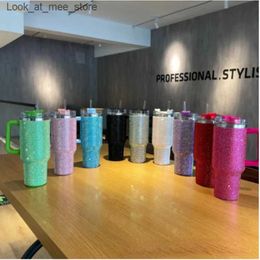 Mugs 1200ML 40oz Diamond Cup Drum Insulated Drum with Handle Cover Stainless Steel Coffee Drum Termos Cup 2023 Q240322