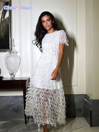 White See Through Tassels Dress For Women Fashion O Neck Short Sleeve Vestidos 2024 Spring Chic Female Night Party Club Gown 240304