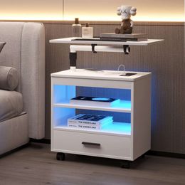 DNBSS LED Socket and Charging Station, Rotating Top Wheels, Intelligent Bedside with Laptop, Workbench Suitable for Modern Side Table in Bedroom (white)