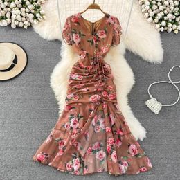 Party Dresses Spring 2024 Korean Version Ladylike V-neck Ruffle Sleeves Cinched Waist To Show Slim Mid-length Print A-line Fishtail Dress