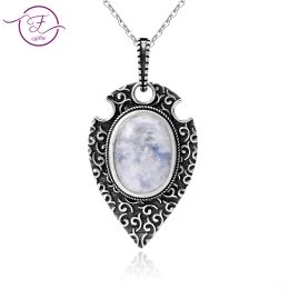 Pendants 100% S925 Sterling Silver Necklace Pendant Large Oval 10*14MM Natural Moonstone Retro Bohemian Style Necklace Pendant Party