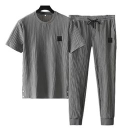 Summer Men Pleated Shirt Pants Twopieces Set Thin Soft Breathable Tracksuit Casual Sports Suit For Daily Wear 240315