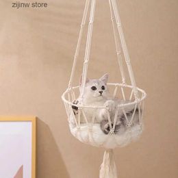 Cat Beds Furniture Handwoven cat hammock pet hammock swing mesh pocket hanging cat kennel Y240322