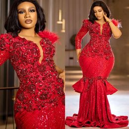 Aso Ebi Red Arabic Mermaid Prom Dress Beaded Crystals Lace Evening Formal Party Second Reception Birthday Engagement Gowns Dresses Robe De Soiree ZJ Es