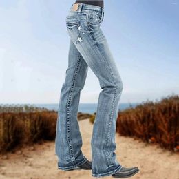 Women's Jeans 2024 Slim Fit Light Blue Denim Pants Embroidered Star Straight Barrel Micro Flared Knee Ripped