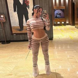 2023 Weird Puss Sexy See Through 2Piece Set Women Striped Skinny Stretch oNeck Long Sleeve Crop TopsPants Matching Outfits Y2K 240304