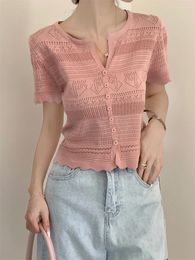 Women's T Shirts Summer 2024 Chic Lace Crochet Single-breasted Solid Color Knitted Cardigan Harajuku Feminist Shirt Y2k Top Crop