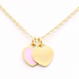 Gold heart necklace with diamonds pendant necklaces womens fashion brand Jewellery pink red green double love pendants chain silver stainless steel necklaces women