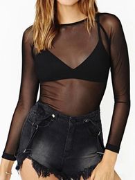 Spring Summer Womens Long Sleeve Sexy Black Mesh Top Blouses Transparent Punk Club Shirt Tees Beach Tops 240321