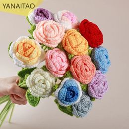 Finished Handmade Knitted Rose Artificial Flowers Braided Fake Flower Crochet Bouquet Decoration Table Holiday Gifts Ornament 240308