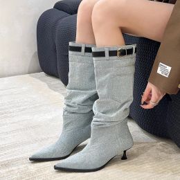 Boots Pleated Denim Thin Heels Long Boots Women Belt Knee High Cowboy Boots Woman 2023 Pockets Pointed Toe Jeans Booties Female