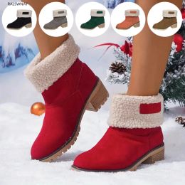 Boots Women Winter Snow Warm Padded Fur Short Ankle Boots Insulated Fluffy Shoe Red Furry Fleece Booties High Barrel Low Heel Big Size