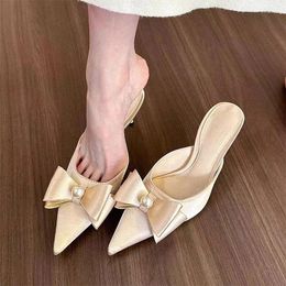 Slippers Sexy High Heels Bow Pearl Women Mules Shoes Summer Dress Sandals Party Flip Flops 2024 Designer Pumps Mujer Slides
