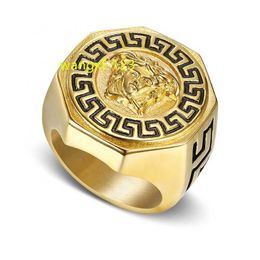 Customised European American hip-hop style Ancient Greek Mythology gold-plated stainless steel Medusa Rings vintage Men Jewellery