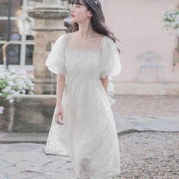 Party Dresses Korean Midi Dress Women's Summer 2024 French Vintage Casual Fairy Female Puff Sleeve Lace Sexy One-pice