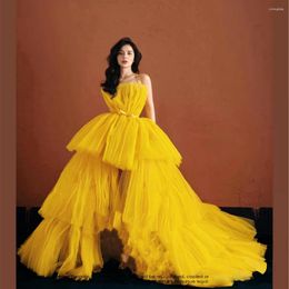 Runway Dresses Yellow Tulle Strapless Fluffy Celebrity High-Low Sling Sleeveless Tiered Princess Luxury Formal Prom Evening Gowns 2024